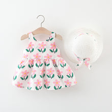 Carregar imagem no visualizador da galeria, Vestido con estampas de flores, moño y sombrero
