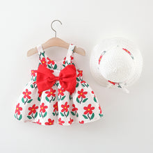 Carregar imagem no visualizador da galeria, Vestido con estampas de flores, moño y sombrero

