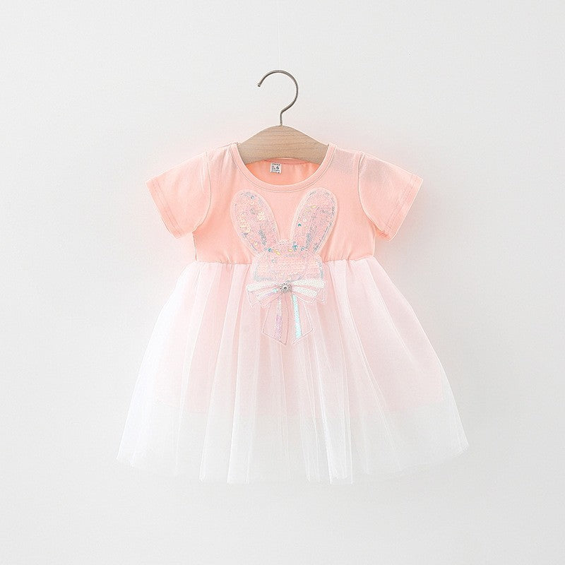 Vestido rosa de conejo con brillo y falda blanca de tul