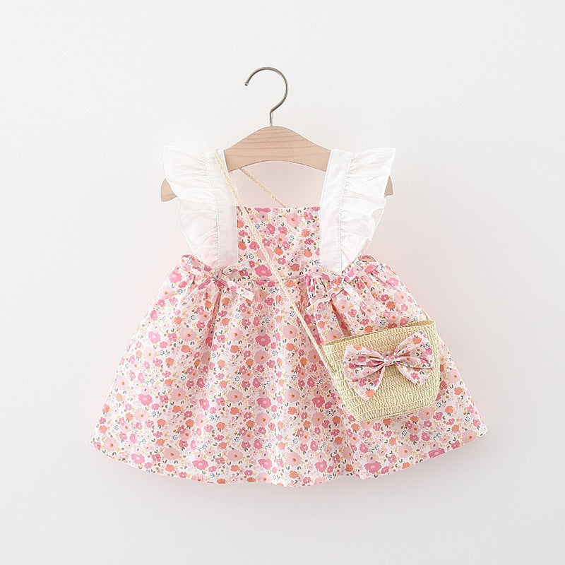 Vestido con volados, estampas de flores y cartera