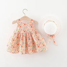 Carregar imagem no visualizador da galeria, Vestido con estampas de flores, moño y sombrero
