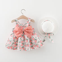 Carregar imagem no visualizador da galeria, Vestido con estampas de flores, moño y sombrero
