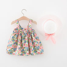 Carregar imagem no visualizador da galeria, Vestido con estampas de flores, moño y sombrero
