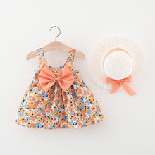Carregar imagem no visualizador da galeria, Vestido con estampas de flores, moño y sombrero

