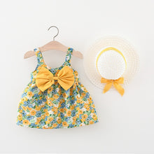 Carregar imagem no visualizador da galeria, Vestido con estampas de flores, moño y sombrero
