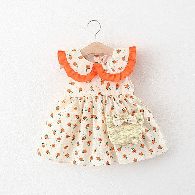 Vestido con estampas de flores, volados naranja y cartera