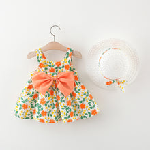 Carregar imagem no visualizador da galeria, Vestido con estampas de flores, moño y sombrero

