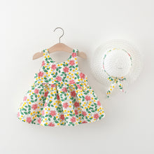 Carregar imagem no visualizador da galeria, Vestido con estampas de flores, moño y sombrero
