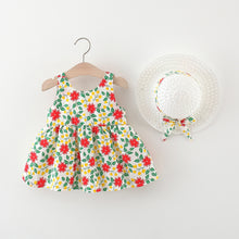 Carregar imagem no visualizador da galeria, Vestido con estampas de flores, moño y sombrero

