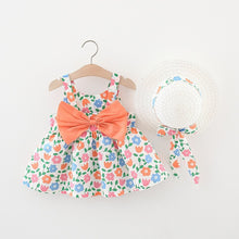 Carregar imagem no visualizador da galeria, Vestido con estampas de flores, moño y sombrero
