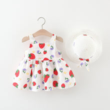 Carregar imagem no visualizador da galeria, Vestido blanco con estampas de frutillas, moño y sombrero
