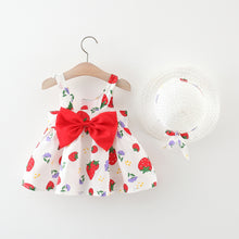 Carregar imagem no visualizador da galeria, Vestido blanco con estampas de frutillas, moño y sombrero
