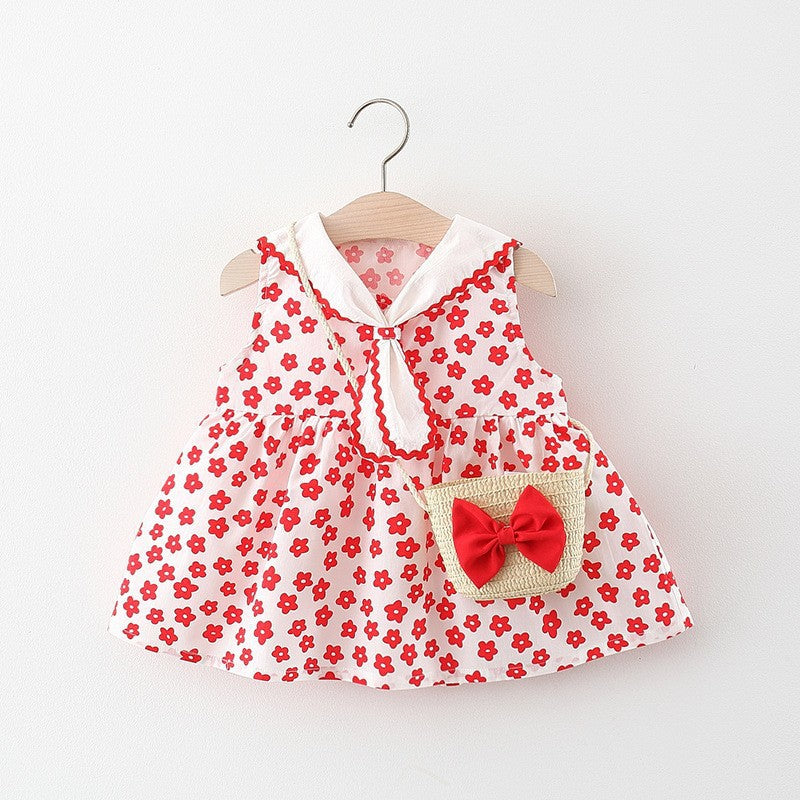 Vestido con estampas de flores, volados blancos y cartera