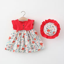 Carregar imagem no visualizador da galeria, Vestido rojo con estampas de flores, botones y sombrero
