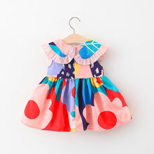 Carregar imagem no visualizador da galeria, Vestido con estampas coloridas, volados rosa y cartera
