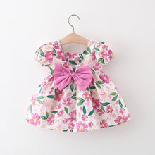 Carregar imagem no visualizador da galeria, Vestido con estampas de flores, mangas abullonadas y moño
