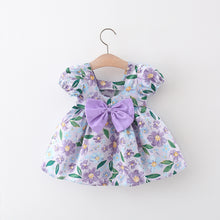 Carregar imagem no visualizador da galeria, Vestido con estampas de flores, mangas abullonadas y moño
