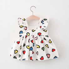 Cargar imagen en el visor de la galería, Vestido blanco con estampas de corazones coloridos y cartera de libélula
