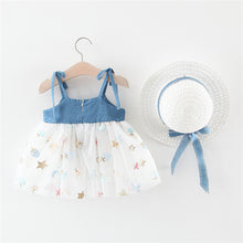 Carregar imagem no visualizador da galeria, Vestido jeans, falda de tul con bordados y sombrero

