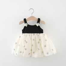 Carregar imagem no visualizador da galeria, Vestido negro, falda crema con detalles de flores y moño
