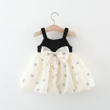 Carregar imagem no visualizador da galeria, Vestido negro, falda crema con detalles de flores y moño
