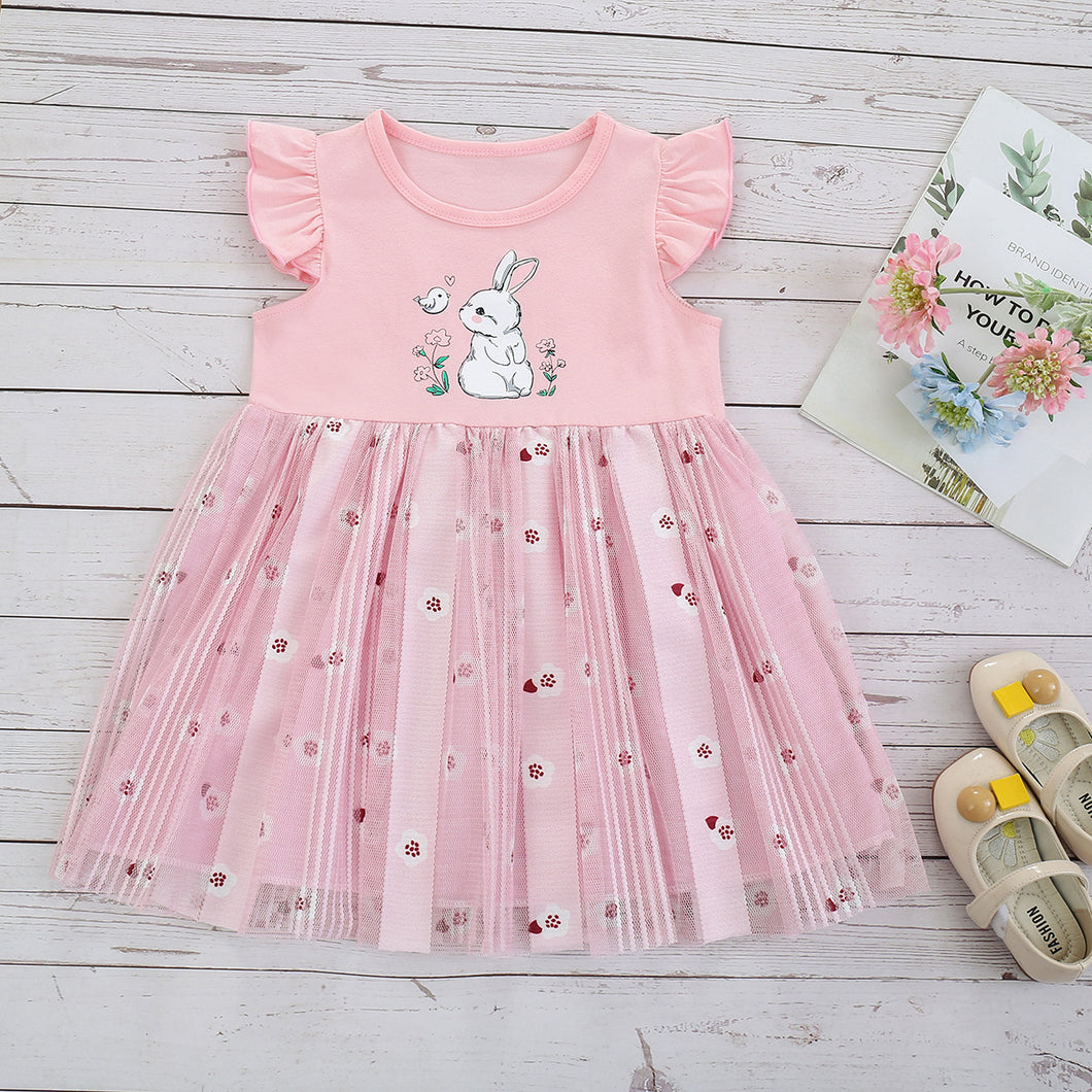 Vestido rosa  de conejo y falda de tul con estampas