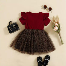 Carregar imagem no visualizador da galeria, Vestido bordo acanalado con bordado y falda de tul animal print
