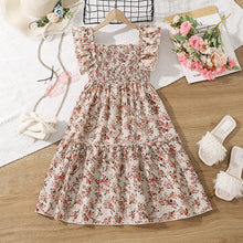 Carregar imagem no visualizador da galeria, Vestido engomado beige con estampas de flores y volados
