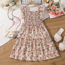 Carregar imagem no visualizador da galeria, Vestido engomado beige con estampas de flores y volados
