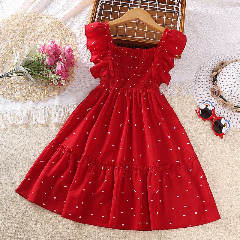 Vestido engomado rojo con estampas y volados