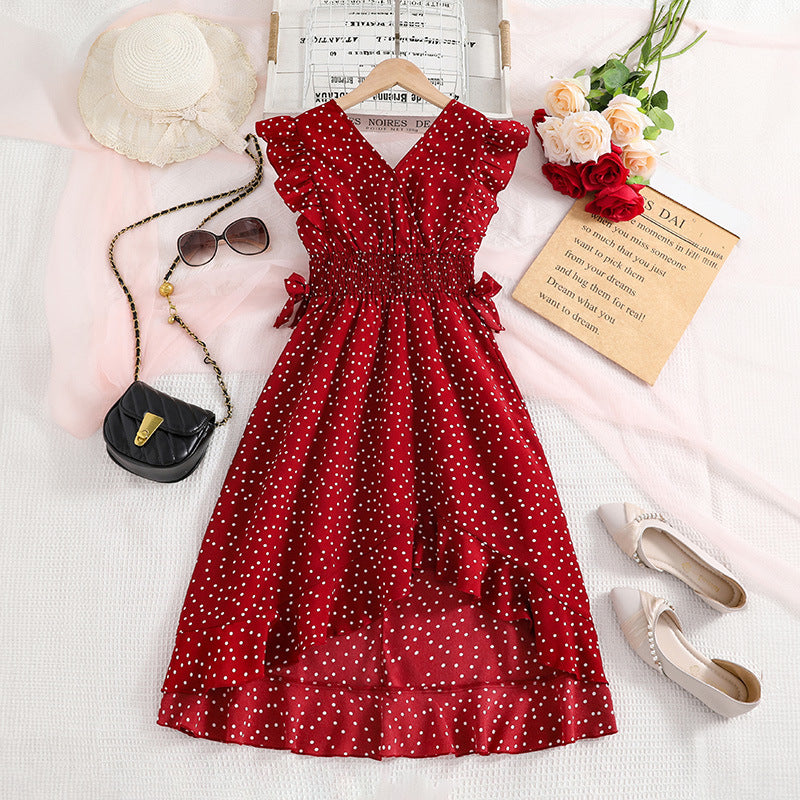 Vestido bordo con motas y cintura engomada con cola de pato