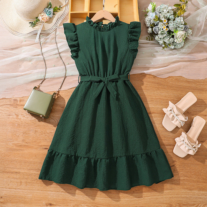 Vestido verde oscuro con volados y cinto