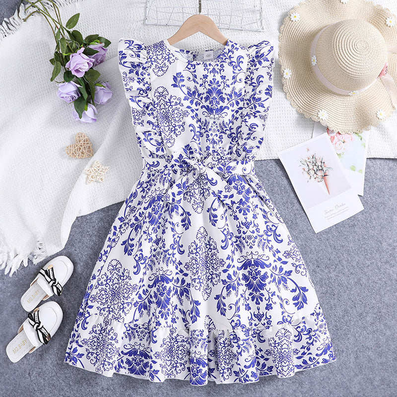 Vestido blanco con estampas azules y cinto