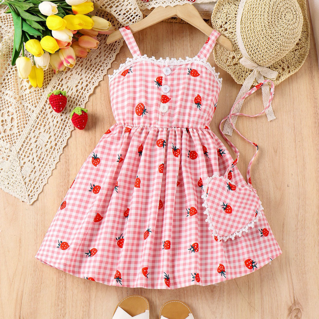 Vestido cuadrille rosa con estampas de frutillas y cartera