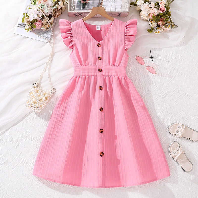 Vestido rosa con volados y botones