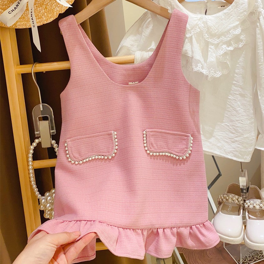 Vestido rosa con detalles perlas