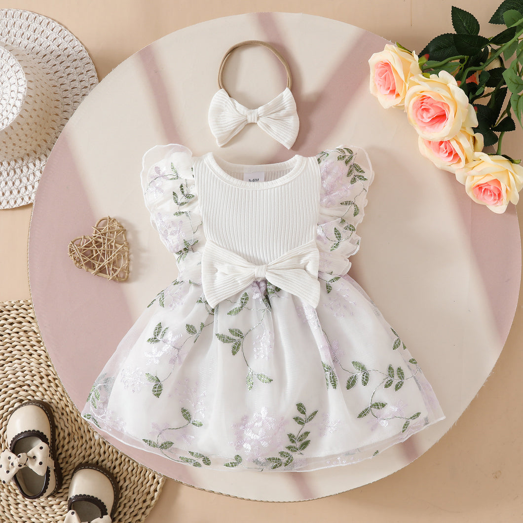 Vestido acanalado con bordados de flores y vincha