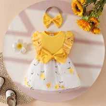 Carregar imagem no visualizador da galeria, Vestido amarillo con falda de tul blanco, bordados de flores y vincha

