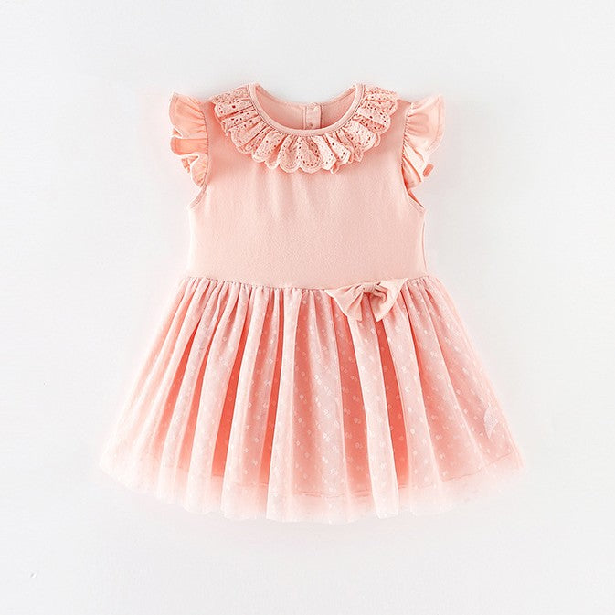 Vestido salmón con volados broderie con moño