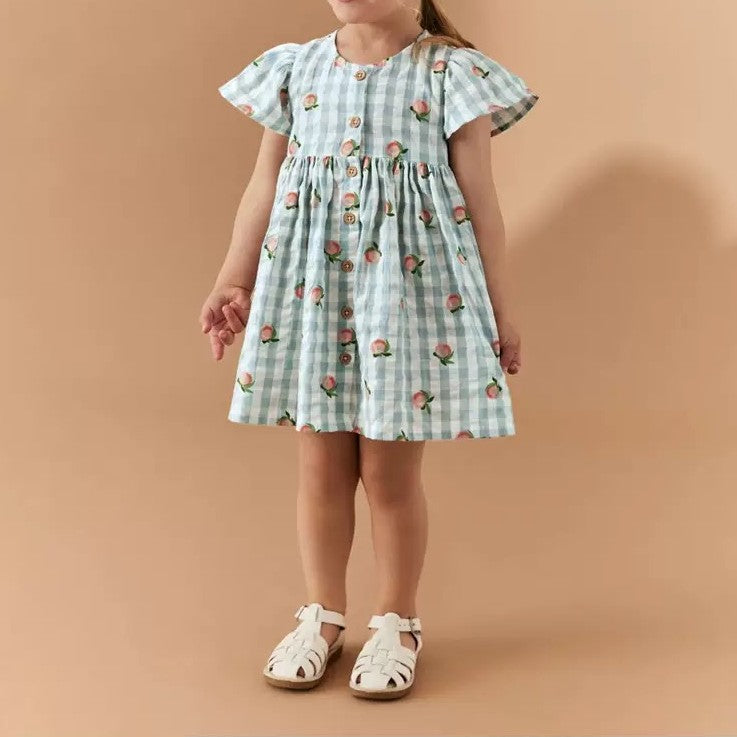 Vestido cuadrille blanco con celeste y estampas