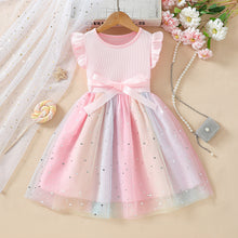 Carregar imagem no visualizador da galeria, Vestido rosa con tul colorido, brillo y moño
