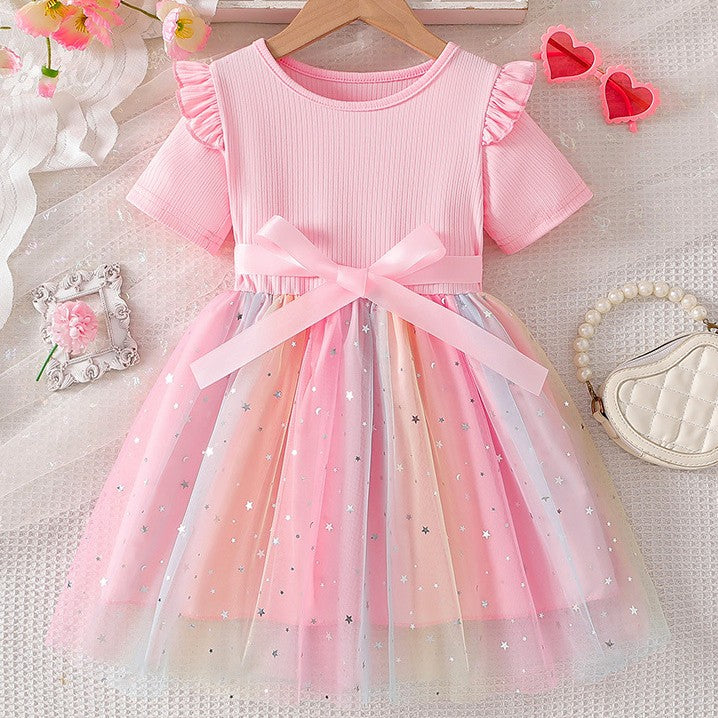 Vestido de tul colorido con brillo y moño