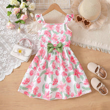 Carregar imagem no visualizador da galeria, Vestido blanco con flores rojo y moño verde
