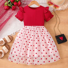 Cargar imagen en el visor de la galería, Vestido rojo con volados, falda de tul  y estampas de corazones
