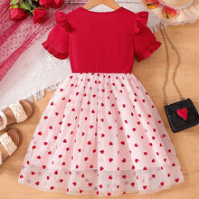 Cargar imagen en el visor de la galería, Vestido rojo con volados, falda de tul  y estampas de corazones
