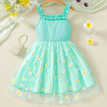 Cargar imagen en el visor de la galería, Vestido verde agua con falda de tul y estampas de margaritas
