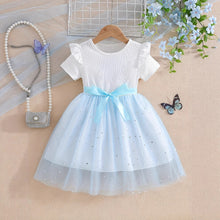 Carregar imagem no visualizador da galeria, Vestido blanco, falda de tul celeste con brillo y cinto
