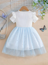 Carregar imagem no visualizador da galeria, Vestido blanco, falda de tul celeste con brillo y cinto
