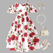 Carregar imagem no visualizador da galeria, Vestido blanco hombro recto con estampas de flores
