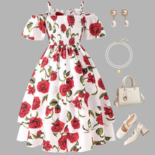 Carregar imagem no visualizador da galeria, Vestido blanco hombro recto con estampas de flores
